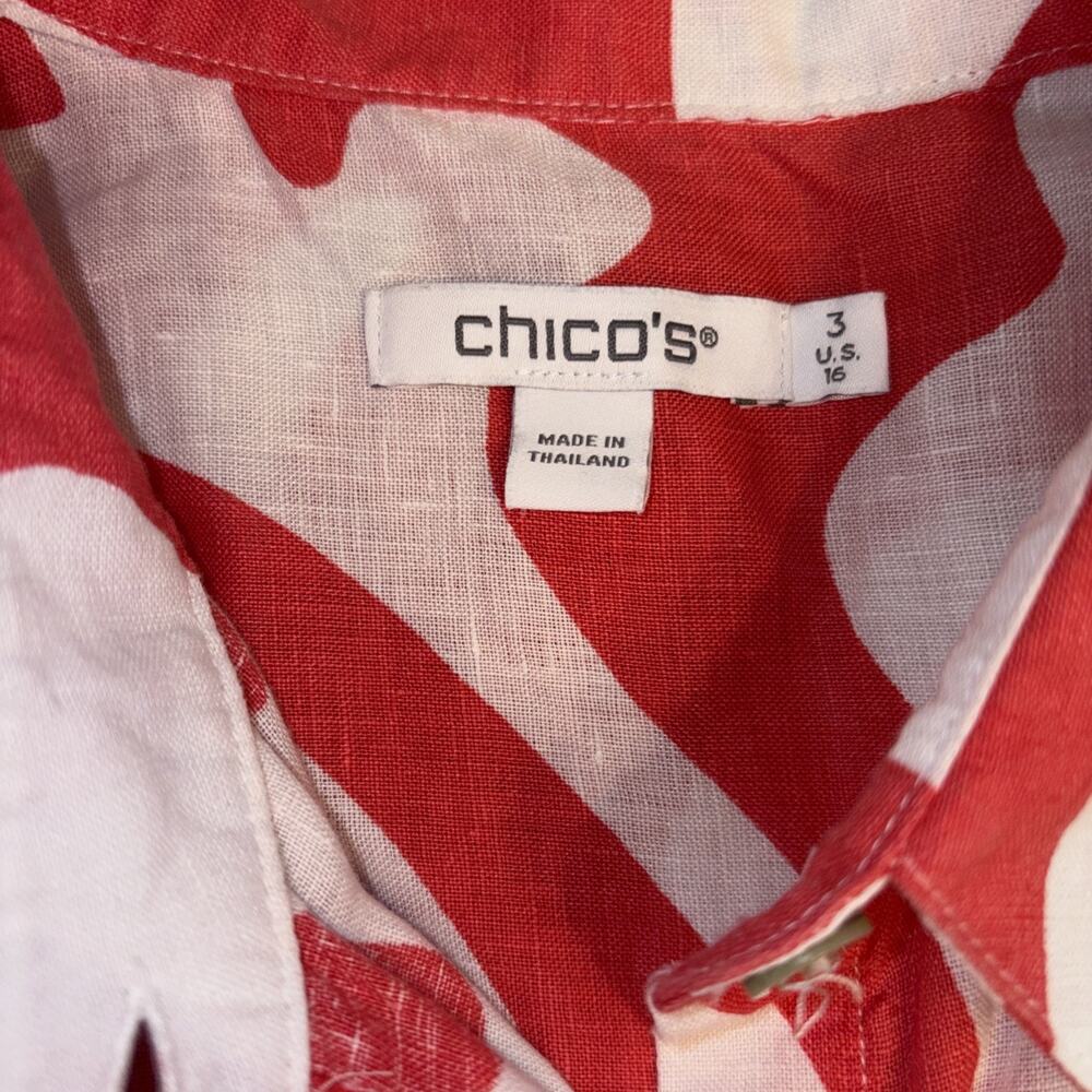 CHICO’S Size 3 (XL) No Iron 100% Linen 3/4 Sleeve Button Up Watermelon Punch - Picture 3 of 6